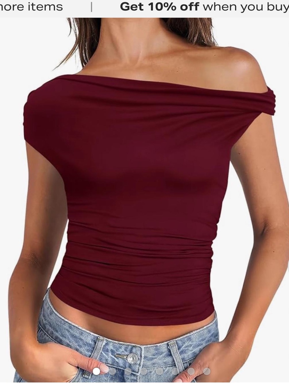 Trendy Queen Off-Shoulder Ruched Crop Top in Burgundy size S